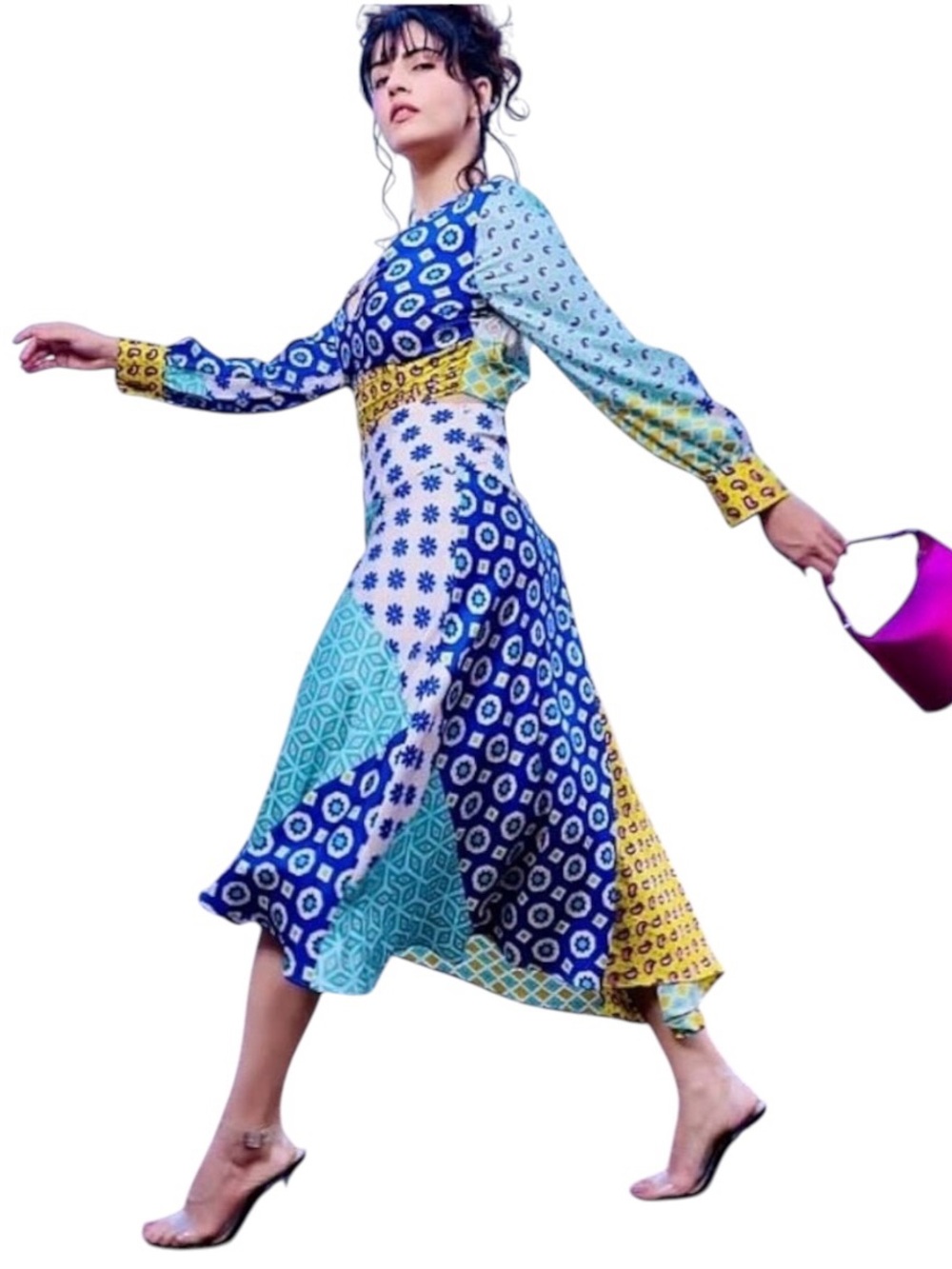 ZARA Colorful Patchwork Satin Midi Cut Out Dress size XS